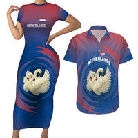 Netherlands Couples Matching Short Sleeve Bodycon Dress and Hawaiian Shirt with Swan Couple Graphic and Dutch Flag in Gradient Red and Blue Design - Wonder Print Shop