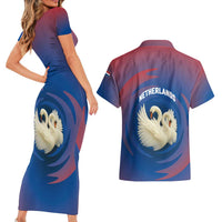 Netherlands Couples Matching Short Sleeve Bodycon Dress and Hawaiian Shirt with Swan Couple Graphic and Dutch Flag in Gradient Red and Blue Design - Wonder Print Shop
