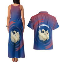 Netherlands Couples Matching Tank Maxi Dress and Hawaiian Shirt with Swan Couple Graphic and Dutch Flag in Gradient Red and Blue Design - Wonder Print Shop