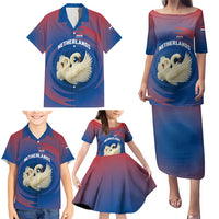Netherlands Family Matching Puletasi and Hawaiian Shirt with Swan Couple Graphic and Dutch Flag in Gradient Red and Blue Design - Wonder Print Shop