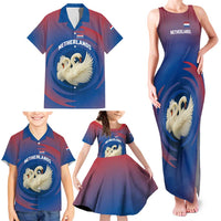 Netherlands Family Matching Tank Maxi Dress and Hawaiian Shirt with Swan Couple Graphic and Dutch Flag in Gradient Red and Blue Design - Wonder Print Shop