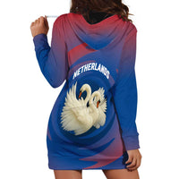 Netherlands Hoodie Dress with Swan Couple Graphic and Dutch Flag in Gradient Red and Blue Design - Wonder Print Shop