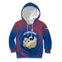 Netherlands Kid Hoodie with Swan Couple Graphic and Dutch Flag in Gradient Red and Blue Design - Wonder Print Shop