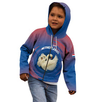 Netherlands Kid Hoodie with Swan Couple Graphic and Dutch Flag in Gradient Red and Blue Design - Wonder Print Shop