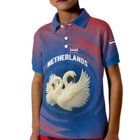 Netherlands Kid Polo Shirt with Swan Couple Graphic and Dutch Flag in Gradient Red and Blue Design - Wonder Print Shop