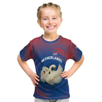 Netherlands Kid T Shirt with Swan Couple Graphic and Dutch Flag in Gradient Red and Blue Design - Wonder Print Shop