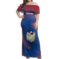 Netherlands Off Shoulder Maxi Dress with Swan Couple Graphic and Dutch Flag in Gradient Red and Blue Design - Wonder Print Shop