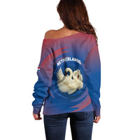 Netherlands Off Shoulder Sweater with Swan Couple Graphic and Dutch Flag in Gradient Red and Blue Design - Wonder Print Shop