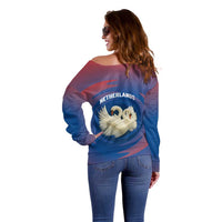 Netherlands Off Shoulder Sweater with Swan Couple Graphic and Dutch Flag in Gradient Red and Blue Design - Wonder Print Shop