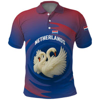 Netherlands Polo Shirt with Swan Couple Graphic and Dutch Flag in Gradient Red and Blue Design - Wonder Print Shop