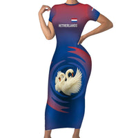 Netherlands Short Sleeve Bodycon Dress with Swan Couple Graphic and Dutch Flag in Gradient Red and Blue Design - Wonder Print Shop