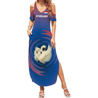 Netherlands Summer Maxi Dress with Swan Couple Graphic and Dutch Flag in Gradient Red and Blue Design - Wonder Print Shop