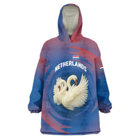 Netherlands Wearable Blanket Hoodie with Swan Couple Graphic and Dutch Flag in Gradient Red and Blue Design - Wonder Print Shop