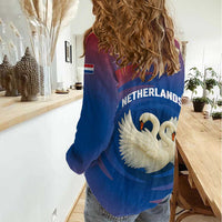 Netherlands Women Casual Shirt with Swan Couple Graphic and Dutch Flag in Gradient Red and Blue Design - Wonder Print Shop