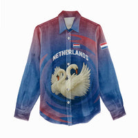 Netherlands Women Casual Shirt with Swan Couple Graphic and Dutch Flag in Gradient Red and Blue Design - Wonder Print Shop