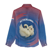 Netherlands Women Casual Shirt with Swan Couple Graphic and Dutch Flag in Gradient Red and Blue Design - Wonder Print Shop