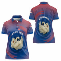 Netherlands Women Polo Shirt with Swan Couple Graphic and Dutch Flag in Gradient Red and Blue Design - Wonder Print Shop