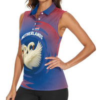 Netherlands Women Sleeveless Polo Shirt with Swan Couple Graphic and Dutch Flag in Gradient Red and Blue Design - Wonder Print Shop
