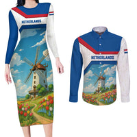 Netherlands Couples Matching Long Sleeve Bodycon Dress and Long Sleeve Button Shirt Dutch Windmill and Tulip Field Landscape in National Flag Colors - Wonder Print Shop