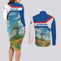 Netherlands Couples Matching Long Sleeve Bodycon Dress and Long Sleeve Button Shirt Dutch Windmill and Tulip Field Landscape in National Flag Colors - Wonder Print Shop