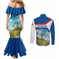 Netherlands Couples Matching Mermaid Dress and Long Sleeve Button Shirt Dutch Windmill and Tulip Field Landscape in National Flag Colors - Wonder Print Shop