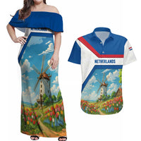 Netherlands Couples Matching Off Shoulder Maxi Dress and Hawaiian Shirt Dutch Windmill and Tulip Field Landscape in National Flag Colors - Wonder Print Shop