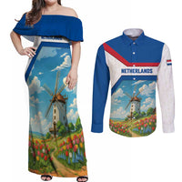 Netherlands Couples Matching Off Shoulder Maxi Dress and Long Sleeve Button Shirt Dutch Windmill and Tulip Field Landscape in National Flag Colors - Wonder Print Shop