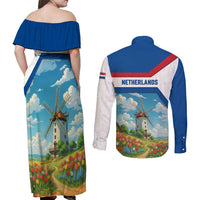Netherlands Couples Matching Off Shoulder Maxi Dress and Long Sleeve Button Shirt Dutch Windmill and Tulip Field Landscape in National Flag Colors - Wonder Print Shop