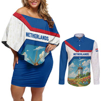 Netherlands Couples Matching Off Shoulder Short Dress and Long Sleeve Button Shirt Dutch Windmill and Tulip Field Landscape in National Flag Colors - Wonder Print Shop