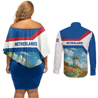 Netherlands Couples Matching Off Shoulder Short Dress and Long Sleeve Button Shirt Dutch Windmill and Tulip Field Landscape in National Flag Colors - Wonder Print Shop