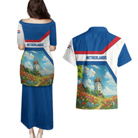 Netherlands Couples Matching Puletasi and Hawaiian Shirt Dutch Windmill and Tulip Field Landscape in National Flag Colors - Wonder Print Shop