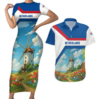 Netherlands Couples Matching Short Sleeve Bodycon Dress and Hawaiian Shirt Dutch Windmill and Tulip Field Landscape in National Flag Colors - Wonder Print Shop