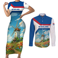 Netherlands Couples Matching Short Sleeve Bodycon Dress and Long Sleeve Button Shirt Dutch Windmill and Tulip Field Landscape in National Flag Colors - Wonder Print Shop