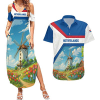 Netherlands Couples Matching Summer Maxi Dress and Hawaiian Shirt Dutch Windmill and Tulip Field Landscape in National Flag Colors - Wonder Print Shop