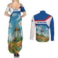 Netherlands Couples Matching Summer Maxi Dress and Long Sleeve Button Shirt Dutch Windmill and Tulip Field Landscape in National Flag Colors - Wonder Print Shop