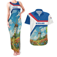 Netherlands Couples Matching Tank Maxi Dress and Hawaiian Shirt Dutch Windmill and Tulip Field Landscape in National Flag Colors - Wonder Print Shop