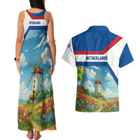 Netherlands Couples Matching Tank Maxi Dress and Hawaiian Shirt Dutch Windmill and Tulip Field Landscape in National Flag Colors - Wonder Print Shop