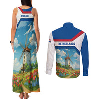 Netherlands Couples Matching Tank Maxi Dress and Long Sleeve Button Shirt Dutch Windmill and Tulip Field Landscape in National Flag Colors - Wonder Print Shop