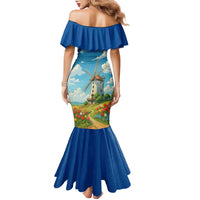 Netherlands Family Matching Mermaid Dress and Hawaiian Shirt Dutch Windmill and Tulip Field Landscape in National Flag Colors - Wonder Print Shop