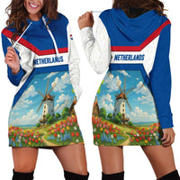 Netherlands Hoodie Dress Dutch Windmill and Tulip Field Landscape in National Flag Colors - Wonder Print Shop