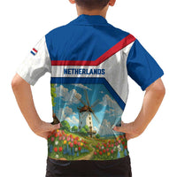 Netherlands Kid Hawaiian Shirt Dutch Windmill and Tulip Field Landscape in National Flag Colors - Wonder Print Shop