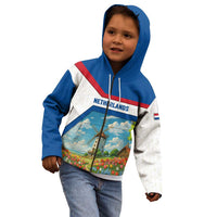 Netherlands Kid Hoodie Dutch Windmill and Tulip Field Landscape in National Flag Colors - Wonder Print Shop