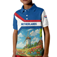 Netherlands Kid Polo Shirt Dutch Windmill and Tulip Field Landscape in National Flag Colors - Wonder Print Shop