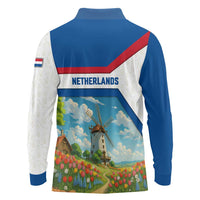Netherlands Long Sleeve Polo Shirt Dutch Windmill and Tulip Field Landscape in National Flag Colors - Wonder Print Shop