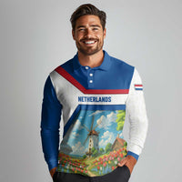 Netherlands Long Sleeve Polo Shirt Dutch Windmill and Tulip Field Landscape in National Flag Colors - Wonder Print Shop