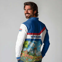 Netherlands Long Sleeve Polo Shirt Dutch Windmill and Tulip Field Landscape in National Flag Colors - Wonder Print Shop