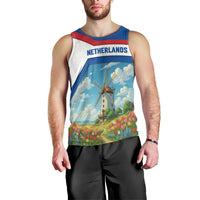 Netherlands Men Tank Top Dutch Windmill and Tulip Field Landscape in National Flag Colors - Wonder Print Shop