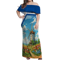 Netherlands Off Shoulder Maxi Dress Dutch Windmill and Tulip Field Landscape in National Flag Colors - Wonder Print Shop