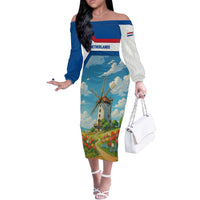 Netherlands Off The Shoulder Long Sleeve Dress Dutch Windmill and Tulip Field Landscape in National Flag Colors - Wonder Print Shop