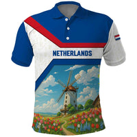 Netherlands Polo Shirt Dutch Windmill and Tulip Field Landscape in National Flag Colors - Wonder Print Shop